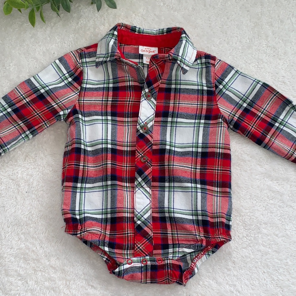 Cat & Jack Red Flannel Button Down Onesie 6-9M Baby Boy EUC
